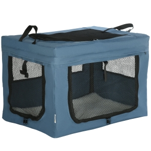 PawHut Transportadora para Cães e Gatos Portátil Dobrável com 3 Portas e Almofada Suave 60x42x42 cm Azul