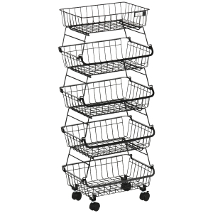 HOMCOM Panier de fruits et légumes avec roues corbeille à fruits à 5 niveaux empilables acier, 40 x 28 x 97 cm noir