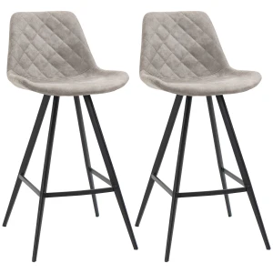 HOMCOM Set of 2 Bar Chairs, Vintage Microfiber Cloth Tub Stools, Padded Comfortable Seat with Steel Frame and Footrest, Quilted, Kitchen or Cafe, Grey
