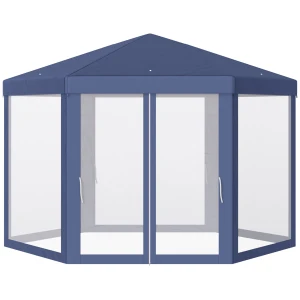 Outsunny 4M Netting Gazebo Hexagon Tent Patio Canopy Outdoor Shelter Party Activities Shade Resistant (Blue)