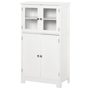 kleankin Armário Casa de Banho Móvel Auxiliar com Portas de Vidro Temperado e Prateleiras Ajustáveis 60x30x108,5cm Branco