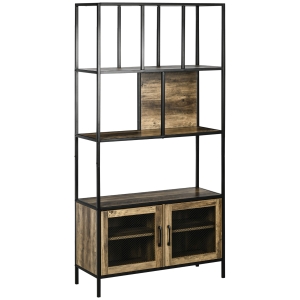HOMCOM Estante Industrial Estante para Livros com 2 Portas de Grade e Estrutura de Metal 90x33,5x180cm Preto e Madeira