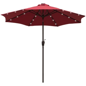 Outsunny Î¦2.7m Garden 24 LED Light Parasol Solar Outdoor Tilt Sun Umbrella Patio Club Party Event Manual Sun Shade w/ Hand Crank and 8 Ribs Red