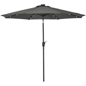 Outsunny Garden 24 LED Light Parasol Outdoor Tilt Sun Umbrella Patio Club Party Event Manual Sun Shade w/ Hand Crank Grey