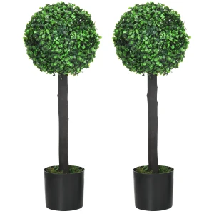 HOMCOM Artificial Boxwood Ball Trees Set of 2, Fake Plants in Pot, Indoor Outdoor Decor, 20x20x60cm, Green