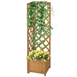 Outsunny Fioriera da Giardino a Fondo Cavo in Legno di Abete Marrone con Grigliato per Rampicanti e Decorazioni, 40x40x145 cm
