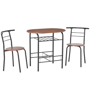 HOMCOM 3-Piece Dining Table Set , Metal Frame Wood Top Breakfast Bar Table Set for 2, Dining Table w/Storage Shelf & 2 chairs