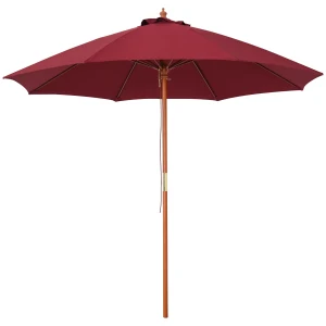 Outsunny 2.5m Wooden Garden Parasol, Sun Shade Patio Umbrella with Top Vent, Wine Red