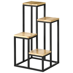 Outsunny Étagère à plantes étagère à fleurs en métal et bois 4 niveaux de différentes hauteurs style industriel 34 x 34 x 66 cm