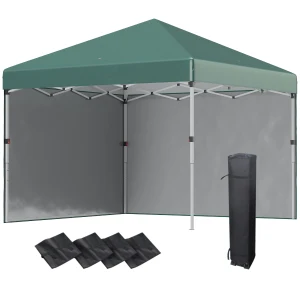 Outsunny 3 x 3 (M) Pop Up Gazebo with 2 Sidewalls, Leg Weight Bags and Carry Bag, Height Adjustable Party Tent Event Shelter for Garden, Patio, Green