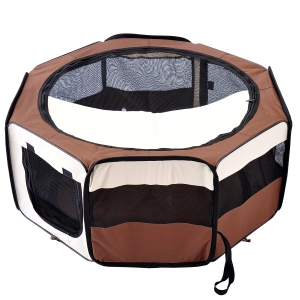 PawHut Parc enclos pliable pour chien chat petits animaux octogonal en tissu Oxford et acier Ø 90 x 41H cm marron beige