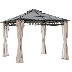 Outsunny 3 x 3 (m) Outdoor Polycarbonate Gazebo, DoubleÂ Roof Hard Top Gazebo withÂ Galvanized Steel Frame, NettingsÂ &Â Curtains