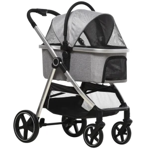 PawHut Pet Stroller, 3-In-1 Foldable Dog Cat Travel Pushchair, Car Seat with EVA Wheels, Basket, Safety Leash, Cushion, Light Grey