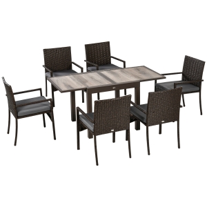 Outsunny Conjunto de Muebles de Ratán Sintético de Jardín 7 Piezas Mesa Extensible y 6 Sillas para Terraza Patio Marrón