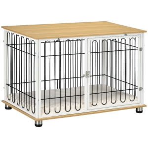 PawHut Gaiola para Cães e Mesa Auxiliar com Porta Fechadura Almofada Lavável e Grades de Aço 90x58x62,5cm Carvalho e Branco