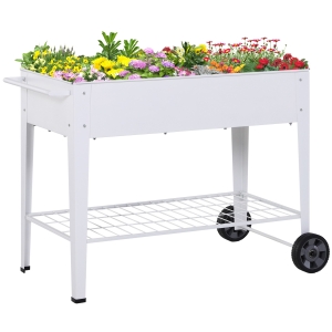 Outsunny Metal Raised Garden Bed with Wheels, Garden Planter Trolley Elevated Plant Box with Storage Shelf