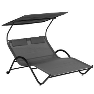 Outsunny Lettino Prendisole Reclinabile a 2 Posti in Acciaio con Ruote, Poggiatesta Imbottito e Tetto Parasole, 200x137x138 cm, Grigio