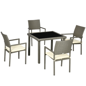 Outsunny Set da Esterni in Rattan PE da 5 Pezzi, Tavolo da Giardino con Piano in Vetro e 4 Sedie con Cuscini, Grigio