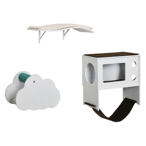 PawHut Juego de Escalada para Gatos de Pared de 3 Piezas con Caseta Plataformas Hamaca y Poste de Sisal Blanco