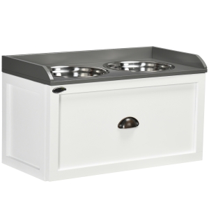 PawHut Comedero Elevado para Perros Grandes con 2 Cuencos de 2000 ml de Acero Inoxidable y 1 Cajón 63x30x36 cm Blanco