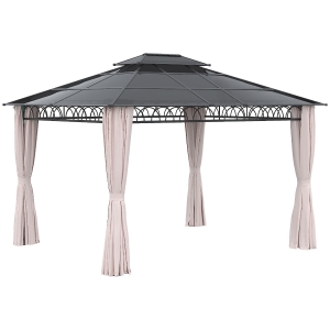 Outsunny Cenador de Jardín con Techo Doble Cortinas Opacas y Mosquiteras para Patio Fiestas Terraza 3,6x3m Negro y Caqui