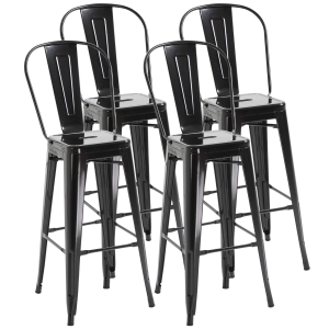 HOMCOM Juego de 4 Taburetes Altos de Cocina de Metal con Respaldo Alto y Reposapiés para Comedor 44x49x116 cm Negro