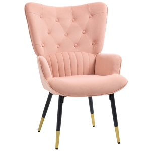 HOMCOM Poltrona Individual Estofada em Veludo com Encosto Alto Apoio para os Braços e Pés de Aço Estilo Moderno 68x72x103cm Rosa
