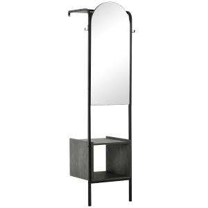 HOMCOM Móvel Cabide de Entrada com Espelho e Sapateiro Trilho para Pendurar 2 Ganchos para Corredor 44x40x176cm Preto