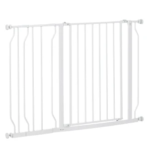 PawHut Expandable Dog Gate with Door pressure,75-115cm Doorway Pet Barrier Fence for Hallways, Staircases, White