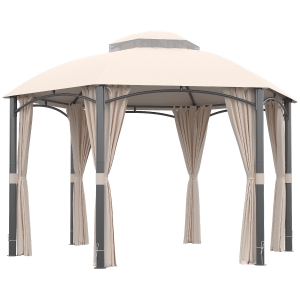 Outsunny Pérgola de Jardim Hexagonal com Teto Duplo de Ventilação 6 Cortinas Laterais 6 Telas Mosquiteiras com Zíper 4x4m Cáqui