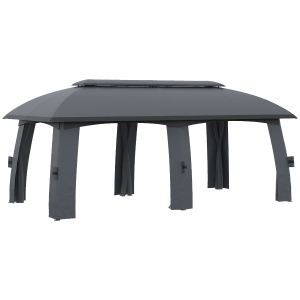 Outsunny Pérgola de Jardim 3x6m com Teto Duplo 6 Cortinas Laterais 6 Telas Mosquiteiras com Zíper e Estrutura de Metal Cinza Escuro