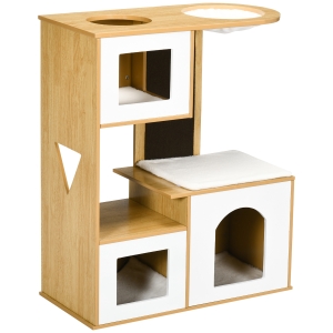 PawHut Arranhador para Gatos com 3 Casas de Madeira Almofadas Laváveis Placa de Arranhar e Rede 76x37x92,5cm Carvalho