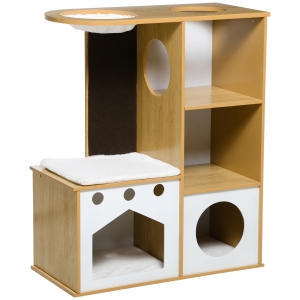 PawHut Árvore Arranhador para Gatos de Madeira com 2 Cavernas Arranhador Rede e Almofadas de Pélucia 76x37x92,5 cm Carvalho e Branco