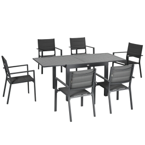 Outsunny Conjunto de Móveis de Jardim 7 Peças Conjunto de Refeição com Mesa Extensível e 6 Cadeiras Empilháveis 90-180x89x74cm Cinza