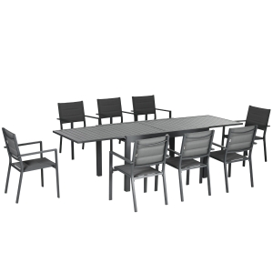 Outsunny Conjunto Móveis de Jardim 9 Peças Conjunto de Refeição com Mesa Extensível 8 Cadeiras Empilháveis 135-270x89x74cm Cinza