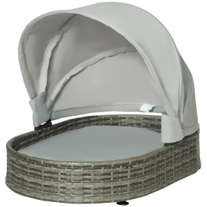 PawHut Wicker Covered Dog Bed, Waterproof Pet Sofa Outdoor with Adjustable Canopy, Soft Cushion for Small and Medium Dogs, Grey