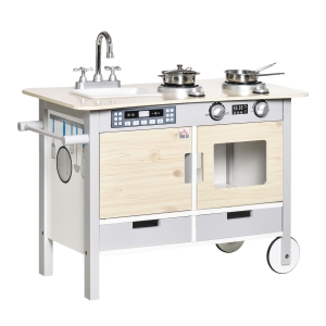 HOMCOM Kinderküche mit Rollen Spielküche Küchenwagen für Kinder mit 2 Töpfen Spüle Kochbank Schränke 5 Stück Küchenzubehör Naturholz+Grau 70 x 40 x 66,5 cm