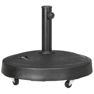 Outsunny Resin Garden Parasol Base with Wheels and Retractable Handles, Round Outdoor Market Umbrella Stand Weight for Poles of Î¦38 - Î¦48mm, Black