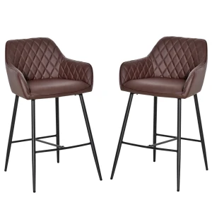 HOMCOM Set of 2 Bar stools With Backs Retro PU Leather Bar Chairs w/ Footrest Metal Frame Comfort Support Stylish Dining Seating Home Brown
