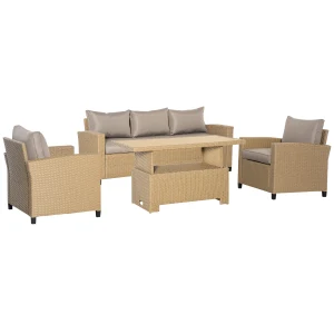 Outsunny Rattan Garden Sofa Set, 5-Seater Patio Conversation Set with Aluminium Frame & Wood Effect Table, Grey