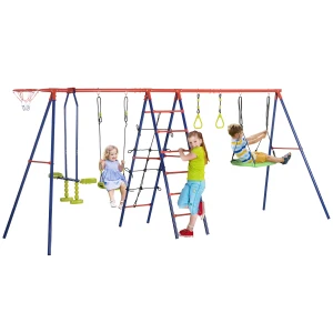 Outsunny 6 In 1 Metal Garden Swing Set, Kids Swings with Double Swings, Climbing Frame, Glider, Trapeze Bar, Basketball Hoop