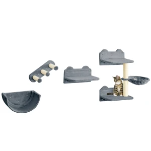 PawHut Cat Shelves Wall-Mounted 4PCs Set with Scratching Post, Hammock, Nest, Grey and Cream