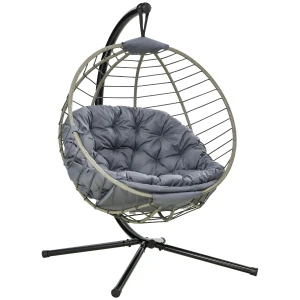 Outsunny Rattan Swing Chair, Outdoor Hanging Chair with Stand, Padded Cushion, Foldable, Cup Holder, Grey