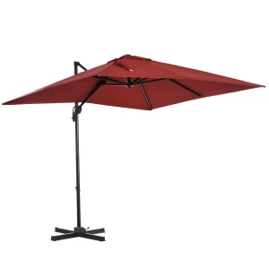 Outsunny 2.5x2.5m Patio Offset Parasol Umbrella Cantilever Hanging Aluminium Sun Shade Canopy Shelter 360Â°Rotation w/Crank Handle Cross Base Wine Red
