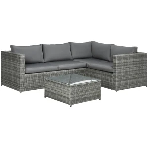 Outsunny 4-Seater Rattan Garden Furniture Outdoor Patio Corner Sofa Chair Set with Coffee Table Thick Cushions, Grey