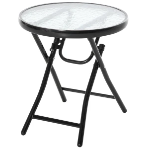 Outsunny Portable Round Garden Table, Folding Table with Glass Top and Safety Buckle, for Patio, Outdoor, Indoor Use, Black
