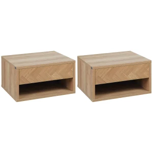 HOMCOM Set of 2 Bedside Tables, Wall Mounted Nightstand with Drawer and Shelf, Compact Bedroom Furniture, 37 x 32 x 21cm, Natural