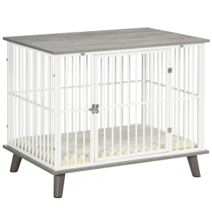 PawHut Indoor Dog Crate Furniture, Pet Kennel Cage with Top End Table, Soft Cushion, Lockable Door, for Small Dogs, Grey