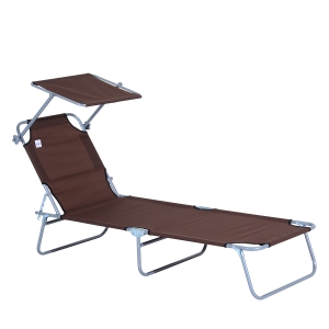 Outsunny Reclining Chair Folding Lounger Seat with Sun Shade Awning Beach Garden Outdoor Patio Recliner Adjustable (Brown)