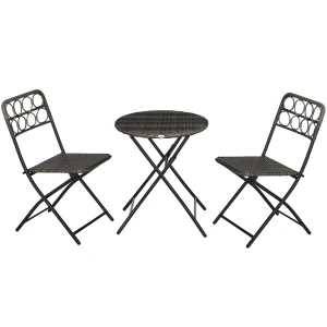 Outsunny Rattan Bistro Set 3 PCS with Folding Chairs and Table, Handwoven Coffee Set for Garden, Balcony & Poolside, Grey